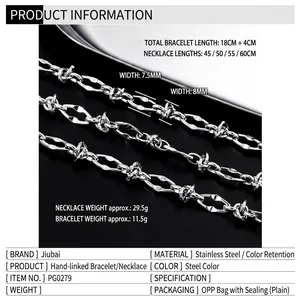 Thorn titanium steel chain necklace and bracelet set in polished steel finish for men