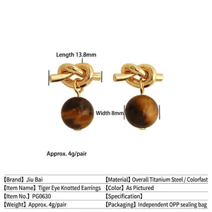 Maillard style tiger eye stone knot earrings in titanium steel with gold plating