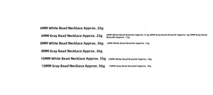 Size chart for pearl necklace and bracelet in 6mm, 8mm, 10mm white and grey colors