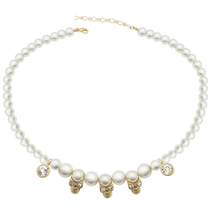 Hip hop pearl necklace with gold diamond skull pendants and adjustable lobster clasp