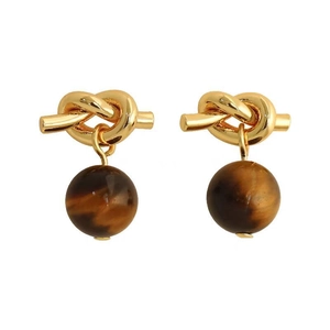 Polished gold knot earrings with tiger eye stone beads on a clean white background
