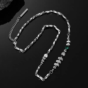 Minimalist Mobius Stitched Titanium Steel Necklace For Men With Faux Artificial Pearl Zircon Green Gemstone Pendant Silver Tone Jewelry Chain