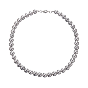 Elegant silver-gray pearl necklace with metallic clasp on white background for women
