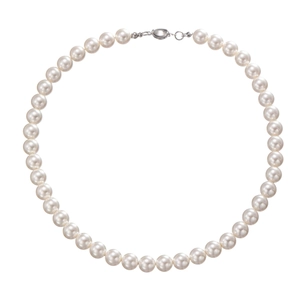 Detailed view of elegant round white pearl necklace with silver metal lobster clasp