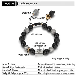 Men's geometric bracelet with black volcanic rock, tiger eye beads and titanium steel crown