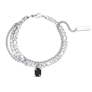 Bracelet argenté à trois couches avec pierre précieuse noire pour hommes et femmes