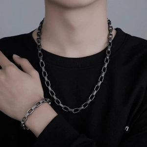 Vintage Titanium Steel Twill Rectangular Link Chain Necklace And Bracelet For Men Women Hip Hop Industrial Jewelry