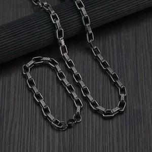 Industrial retro titanium steel necklace and bracelet set with diagonal twill box chain links