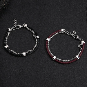 Double Layer Titanium Steel Chain Braided Leather Bracelet Trendy Punk Minimalist Wristband For Men Couple Jewelry Gift