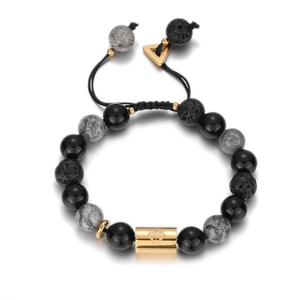 Lava stone and marble beaded bracelet featuring a gold lion head charm and triangle pendant
