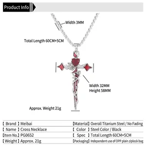 Collier croix rose et cœur en acier titane avec gemme rouge sur chaîne à perles