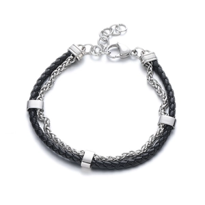 Double-layer black braided leather and stainless steel chain bracelet for men