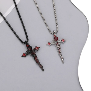 Collier Pendentif Croix Rose Gothique Acier Titane Cœur Rouge Épines Épée Bijoux Romantiques Sombres Pour Hommes Femmes