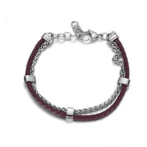 Double-layer burgundy leather rope bracelet with silver chain and metal beads