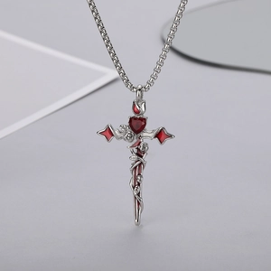 Collier gothique croix cœur rose avec chaîne de vigne argentée pour femmes