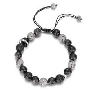Men's snowflake stone and lava rock braided bracelet with adjustable cord and metal charms