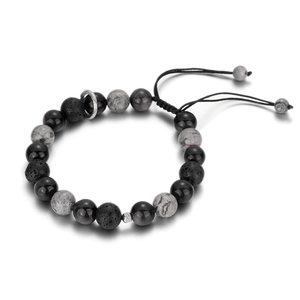 Men's adjustable braided bracelet with volcanic stone and marble beads on white background