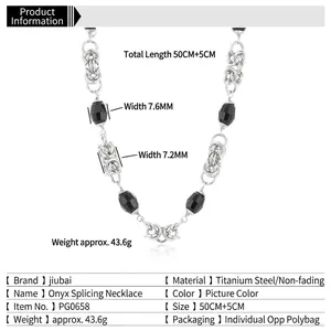Hip hop stainless steel Cuban chain necklace with black agate beads and adjustable length