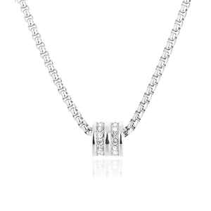 Polished silver cylinder pendant necklace with sparkling cubic zirconia on box chain
