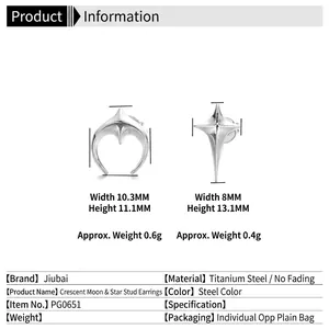 Titanium steel moon and star stud earring set with dimensions and weight specs