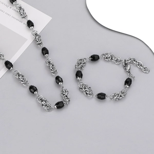 Stainless Steel Byzantine Chain Necklace With Black Agate Beads Hip Hop Punk Gothic Jewelry For Men Women Unisex Handmade