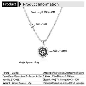 Golden round coin necklace with embossed daisy pendant and detailed size specifications