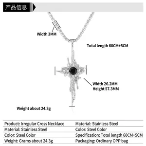 Men's titanium steel cross pendant necklace with black gemstone and size specifications