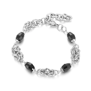 Hip hop silver stainless steel Byzantine chain bracelet with black faceted beads