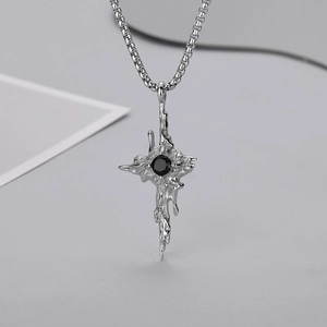 Lava-style titanium steel cross necklace with a black zircon stone on a silver box chain