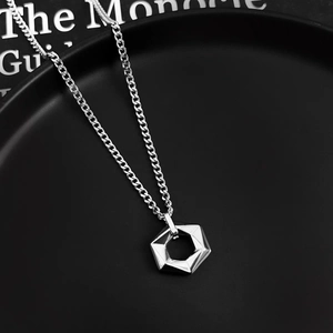 Minimalist silver geometric hexagonal pendant with polished curb chain for men and women
