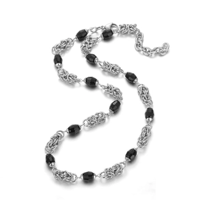 Detail of silver Byzantine chain with multifaceted black beads and lobster clasp closure