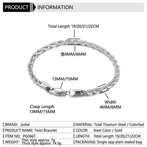 Bracciale a fune in acciaio al titanio lucido, larghezze 4mm e 6mm, uomo e donna