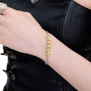 Detail of twisted gold and silver tone titanium steel chain bracelet on a wrist