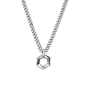 Minimalist silver stainless steel necklace with hexagonal geometric pendant and cuban chain