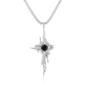 Mens silver titanium steel cross pendant necklace with black zircon and lava fluid texture