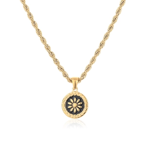 Golden rope chain necklace with a black enamel daisy flower coin pendant