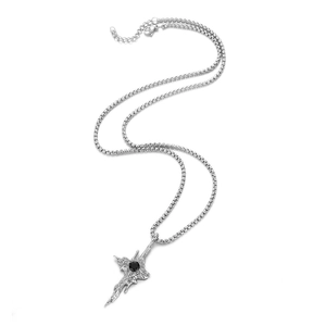 Detail of silver titanium steel punk necklace with dark gothic black zircon pendant
