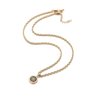 Detailed view of the gold rope chain and daisy coin pendant with adjustable lobster clasp