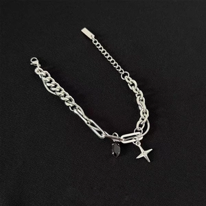 Cold silver titanium steel cross star bracelet with black droplet charm for men and women