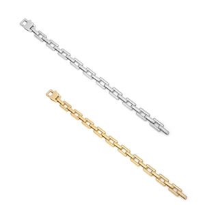 Detailed view of silver and gold rectangular link bracelets with industrial minimalist design