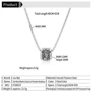Titanium steel mantra pendant necklace with cylindrical bead charm for men