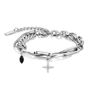 Titanium Steel Four-Pointed Star Rhinestone Multilayer Spliced Chain Bracelet Necklace For Men Women Unisex Hip Hop Jewelry