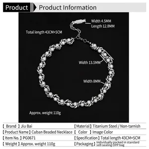 Collier à maillons cubains et perles en acier titane argenté, longueur 43 cm mixte