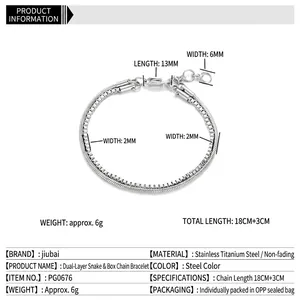 Double-layered snake chain bracelet in silver stainless steel with adjustable lobster clasp