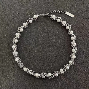 Collier Maille Cubaine Hip Hop Acier Inoxydable Collier Chaîne Künstliche Perle Torsadée Ras Du Cou Pour Hommes Femmes Bijoux Mode