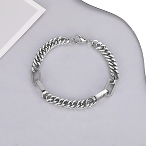 Polished silver stainless steel hiphop Cuban link mixed chain bracelet for men