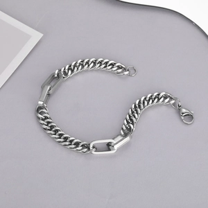 Hip hop silver stainless steel Cuban link bracelet with rectangle rings and lobster clasp