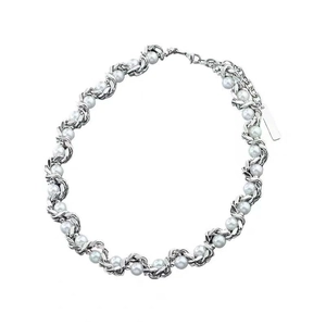 Collier chaîne à maillons cubains avec perles blanches entrelacées unisexe