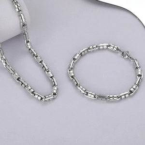 Minimalist silver chain necklace and bracelet set in geometric stainless steel links