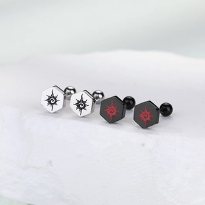 Titanium Steel Hexagon Sun Vortex Pattern Stud Earrings Punk Screw Ball Back Ear Piercing Jewelry For Men Women Daily Accessory